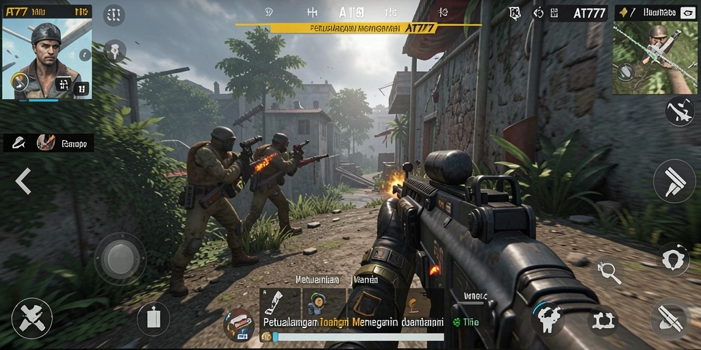 Screenshot AT777 menampilkan aksi intens dalam gameplay TPS yang seru.