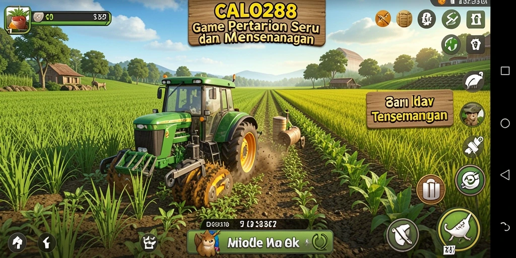 Screenshot gameplay CALO288 menunjukkan ladang hijau subur dengan beragam tanaman.