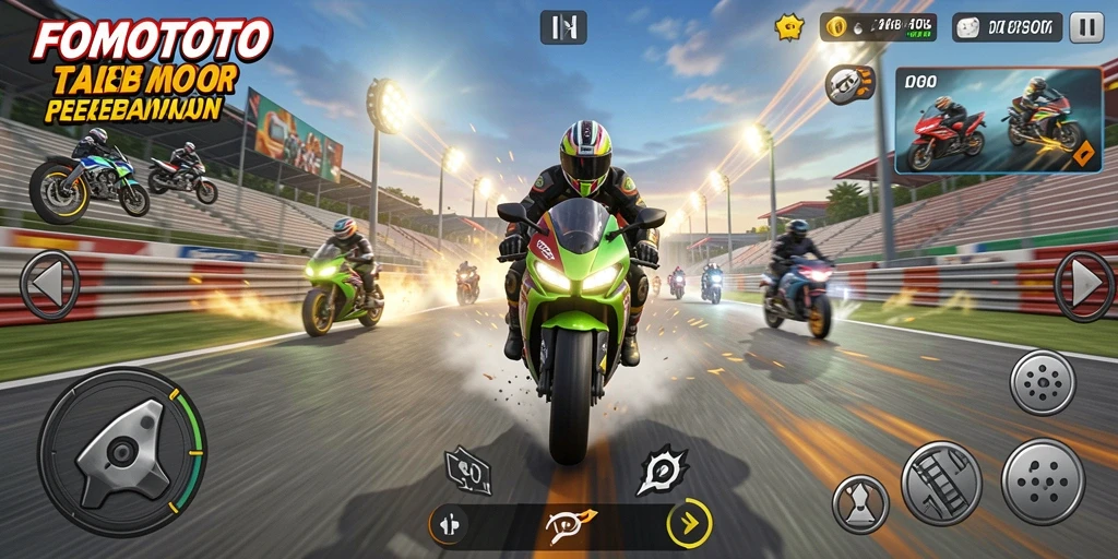 Screenshot gameplay FOMOTOTO menampilkan aksi balap motor yang mendebarkan.