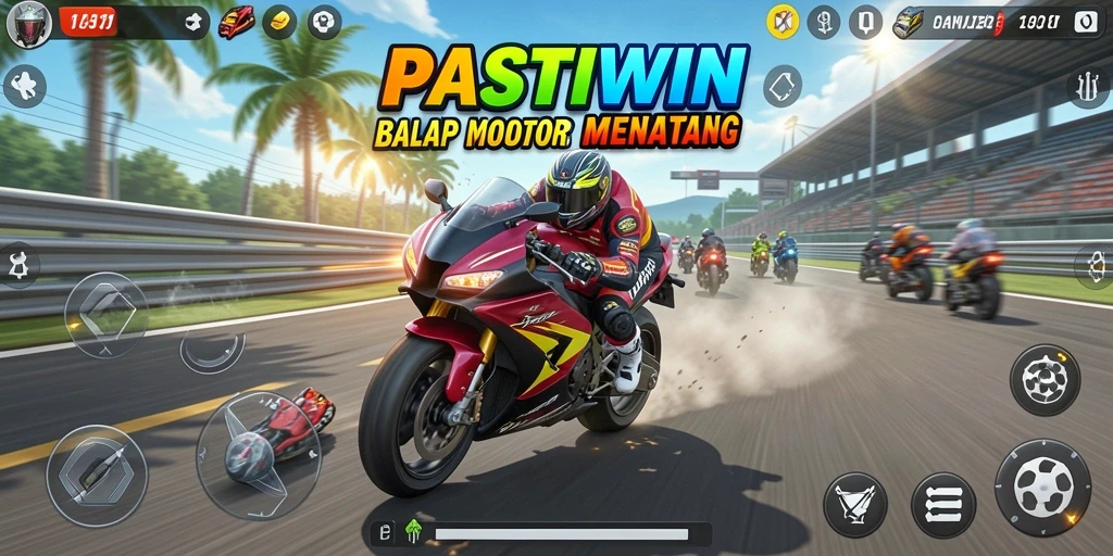 Tangkapan layar gameplay PASTIWIN dengan balapan motor yang mendebarkan.