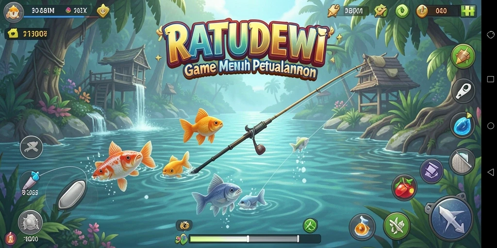 Tampilan gameplay <strong>RATUDEWI</strong> menampilkan pengalaman memancing yang mendebarkan.