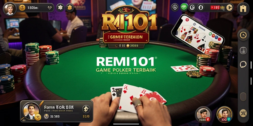 Tampilan gameplay seru di <strong>REMI101</strong> dengan pemain yang berkompetisi di meja poker.