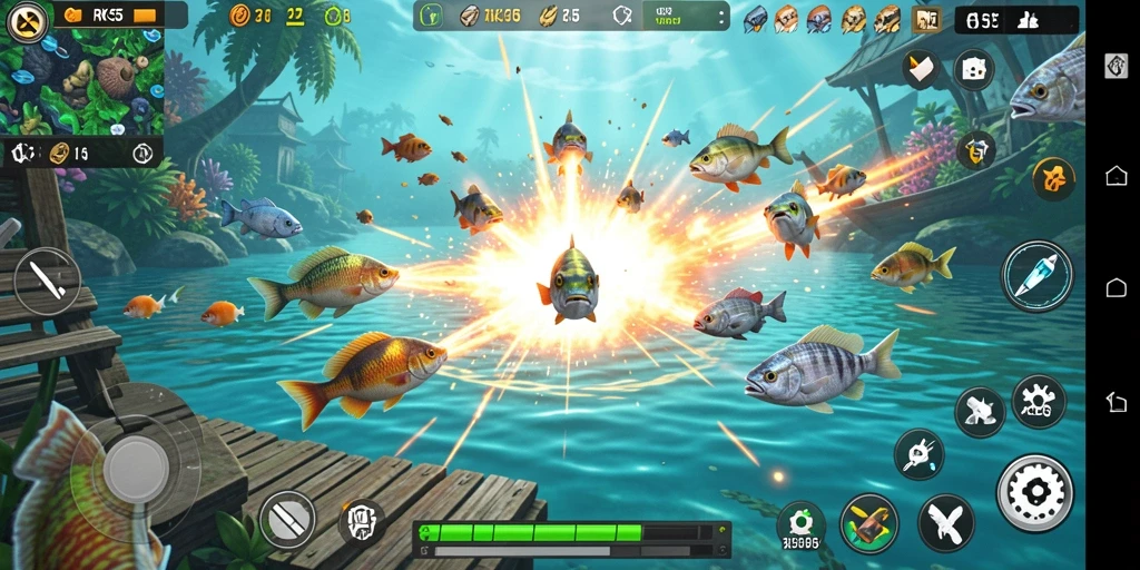 Tampilan gameplay RK55 dengan aksi tembak ikan yang seru.
