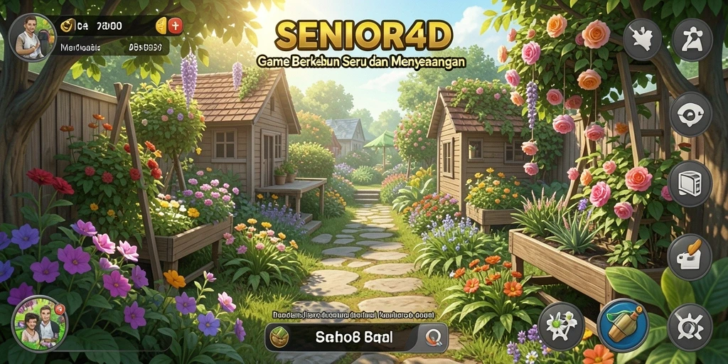 Tampilan gameplay <strong>SENIOR4D</strong> dengan aktivitas berkebun yang menyenangkan.