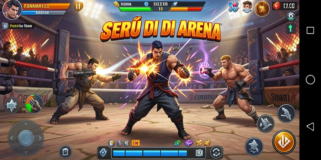 Screenshot utama menunjukkan pertarungan intense di arena SINAR123.