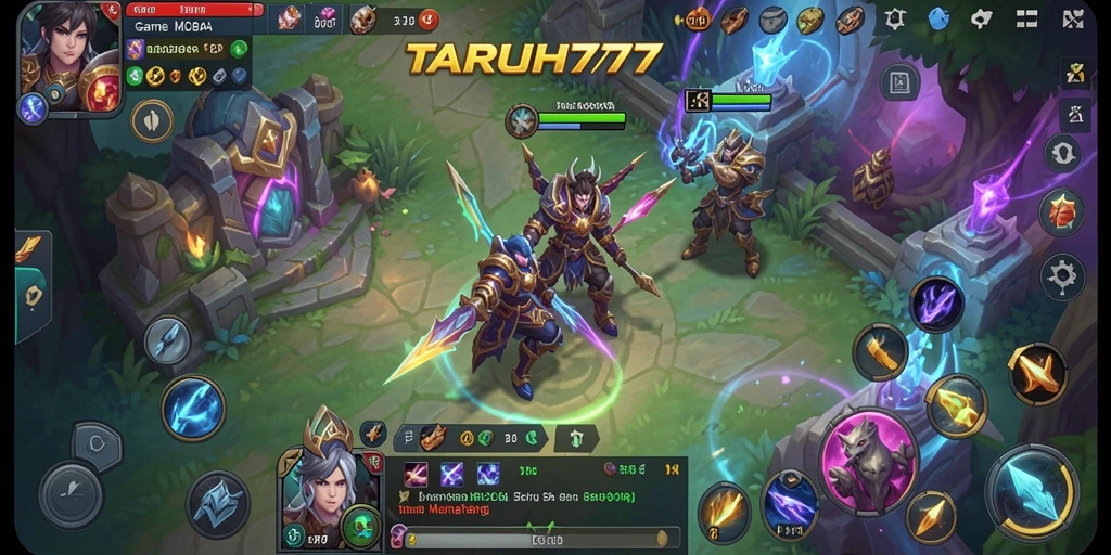Screenshot gameplay <strong>TARUH777</strong> dengan pertempuran epik antara dua tim MOBA.