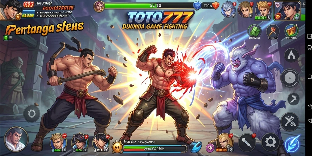 Screenshot menampilkan pertarungan intens dengan karakter unik.